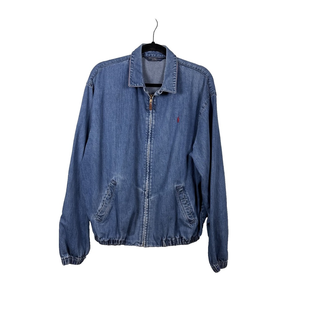 Polo Ralph Lauren Mens Jacket Medium Wash Denim Harrington Zip Collared L VTG